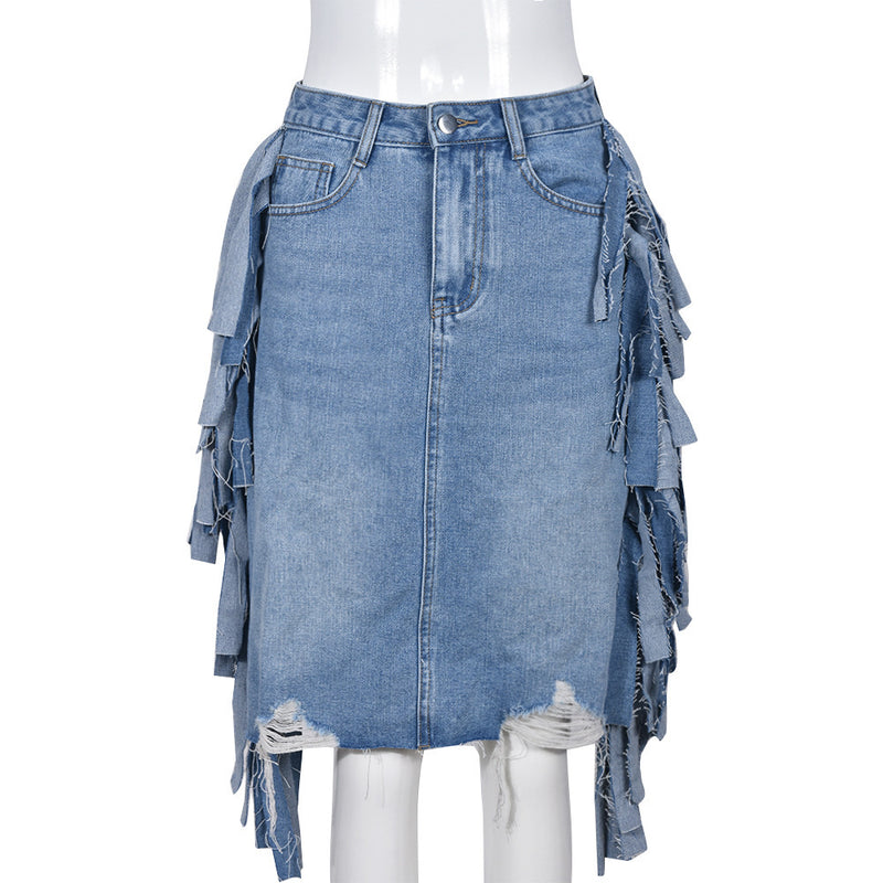 Tassel Tattered Washed Denim Casual Midi Skirt