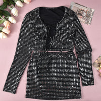 Long Sleeve Sequins Dinner Party Jacket Mini Skirt Suit