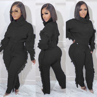 Long Sleeve Knitted High Collar Tassel Pants Suit