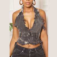 Sleeveless Heavy Black Washed Denim Vest