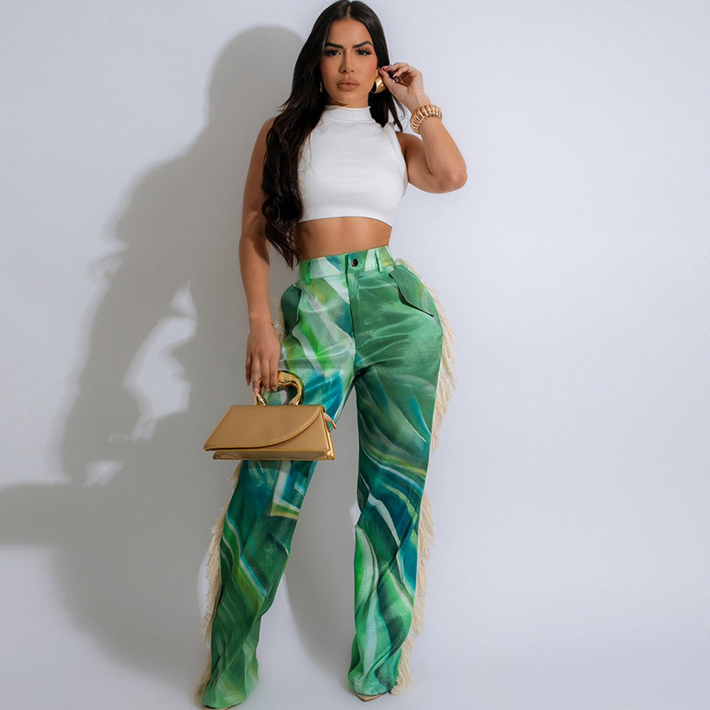 Graphic Printed Tassel Straight Casual Long Pants