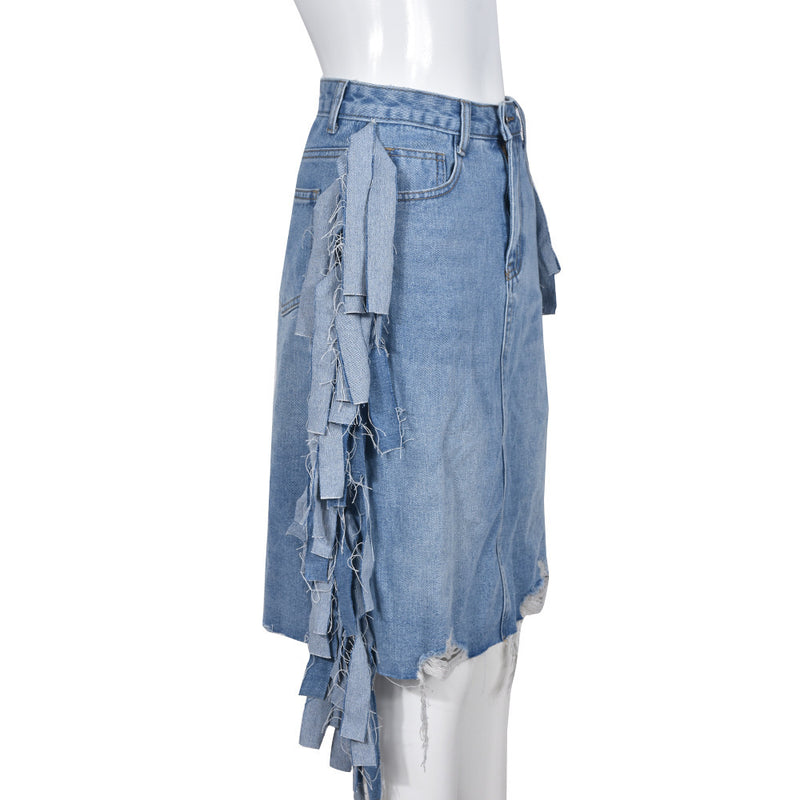 Tassel Tattered Washed Denim Casual Midi Skirt