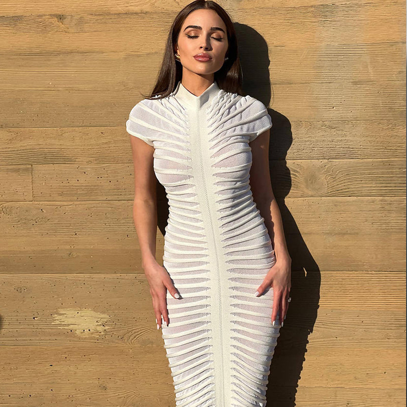 Short Sleeve Stripe See Through Maxi Dress