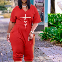 Women's Short Sleeve Lettering Over Fit Casual Jumpsuit