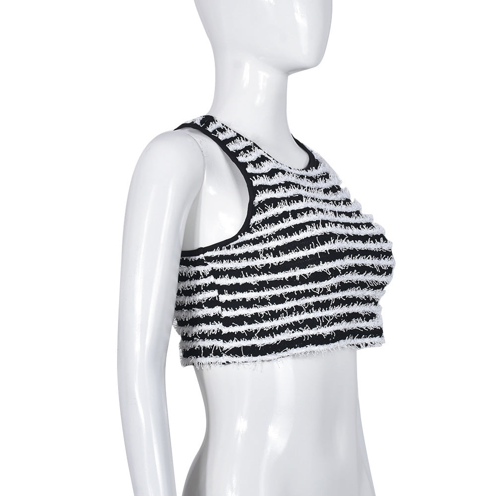 Sleeveless Black White Striped Slim Fit Tank Top