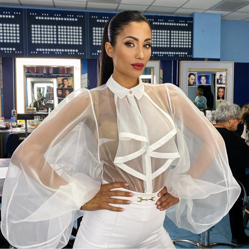 Long Puff Sleeve Sexy See Through Blouse Bodysuit