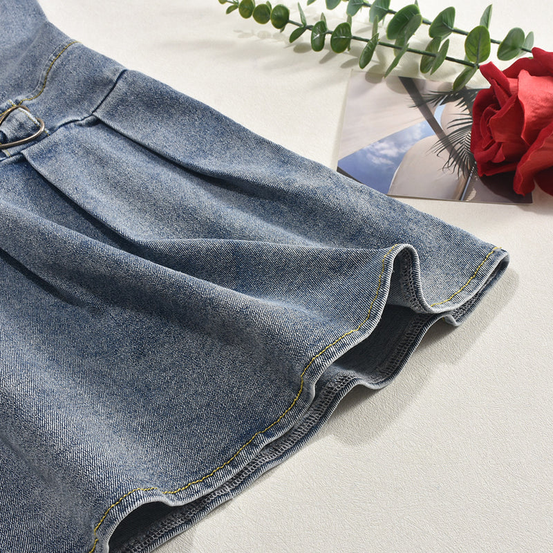 Strapless Pleated V Neck French Denim Dress