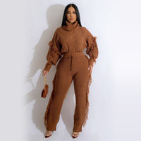 Long Sleeve Knitted High Collar Tassel Pants Suit