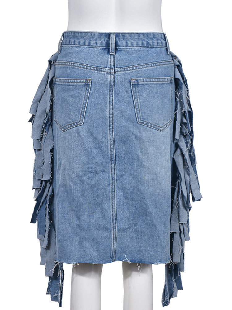 Tassel Tattered Washed Denim Casual Midi Skirt