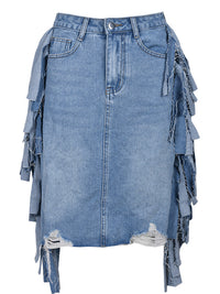 Tassel Tattered Washed Denim Casual Midi Skirt