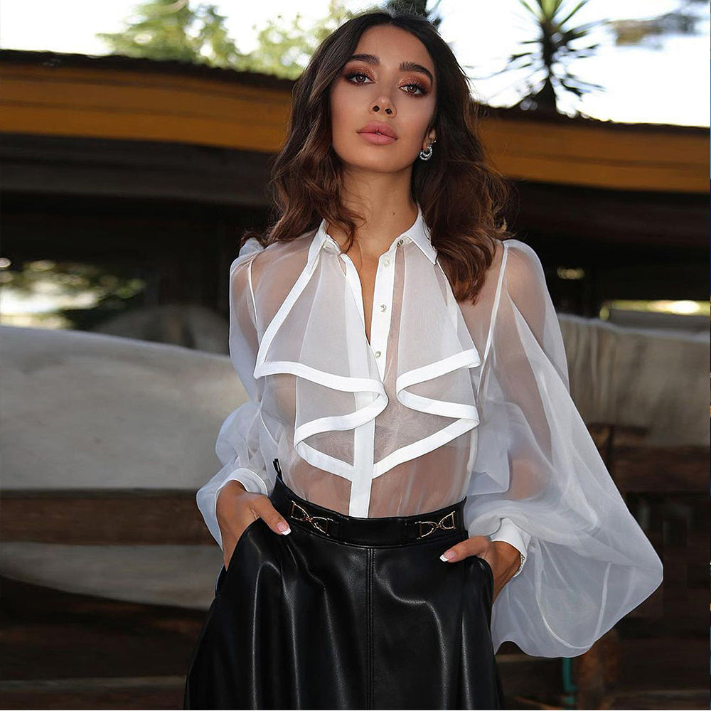 Long Puff Sleeve Sexy See Through Blouse Bodysuit