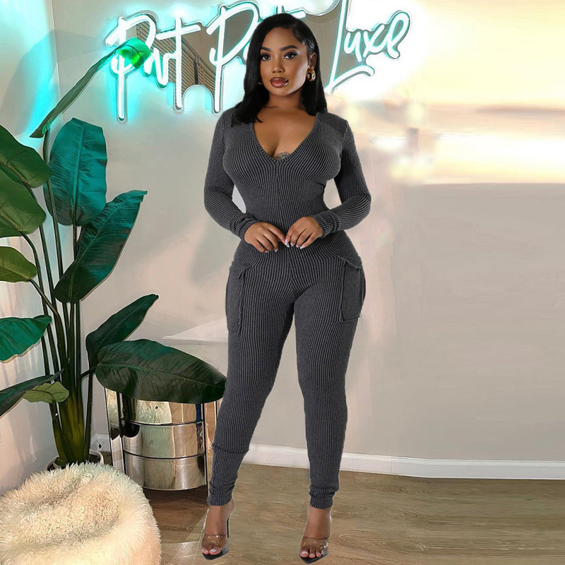 Long Sleeve Deep V Neck Side Pockets Jumpsuit