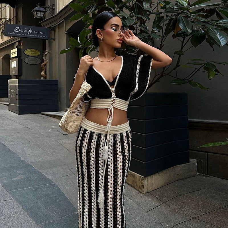 Short Sleeve Deep V Neck Stripe Knitted Maxi Skirt Suit