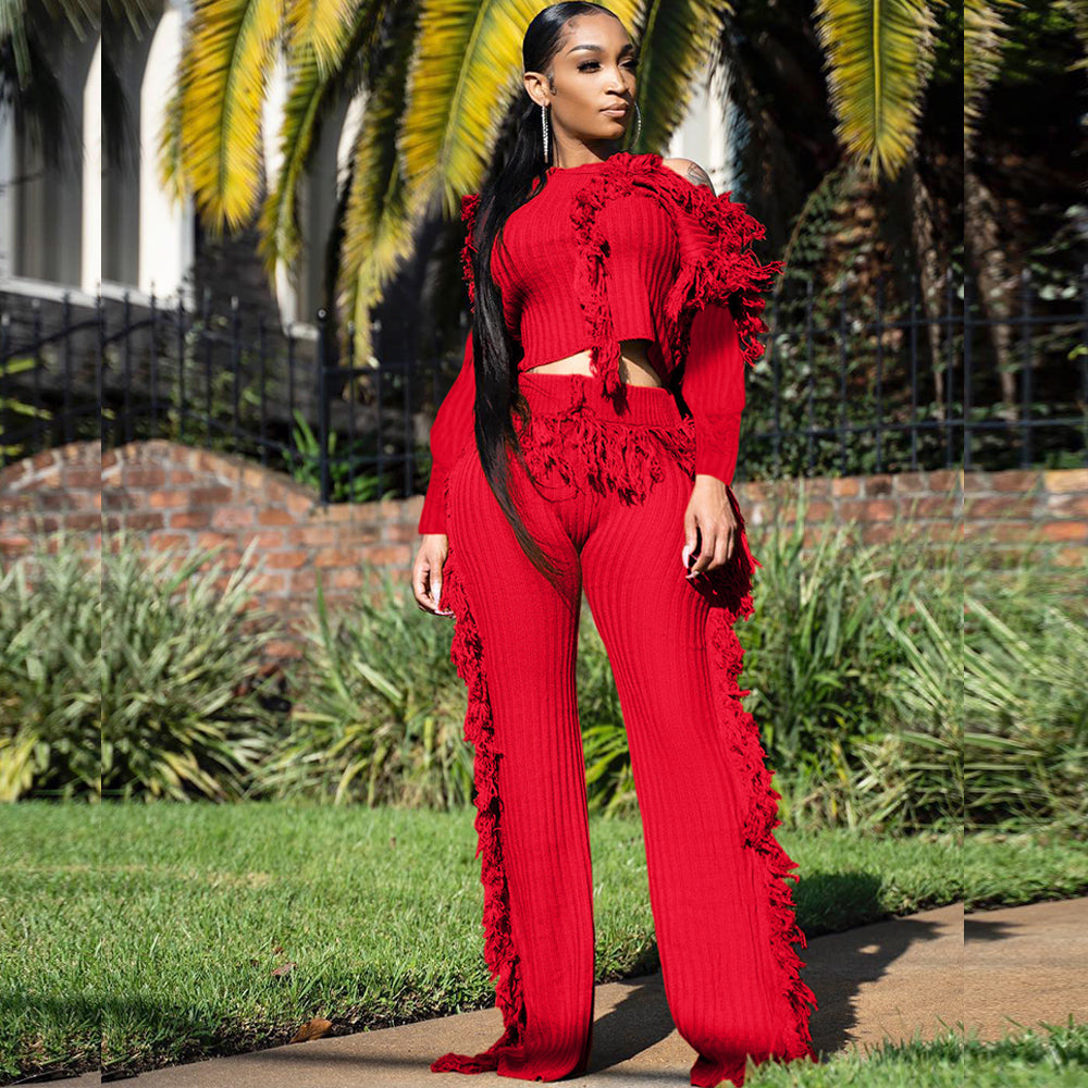 Long Sleeve Tassel Point Sweat Pants Suit