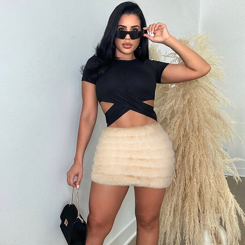 Zipper Filled Plush Fur Casual Mini Skirt