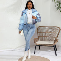 Denim Print Long Sleeve Padded Bubble Jacket