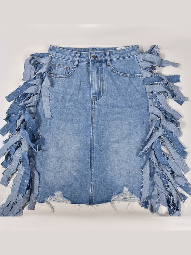 Tassel Tattered Washed Denim Casual Midi Skirt