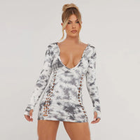 Tie Dyed Long Sleeve Deep V Neck Sexy Club Mini Dress