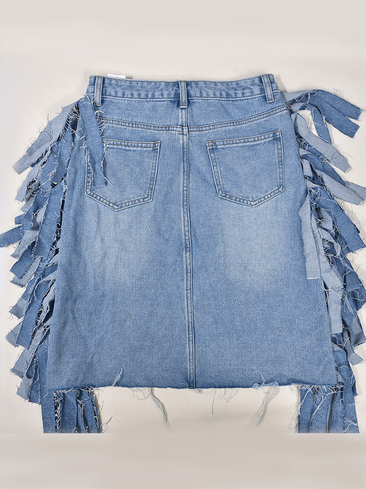 Tassel Tattered Washed Denim Casual Midi Skirt