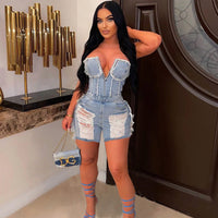 Hole Zipper Short Chest Wrapped Denim Romper