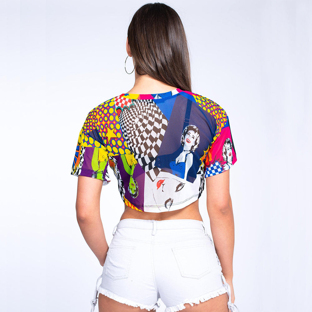 Short Sleeve Multi Printed Tied Hem Crop Top