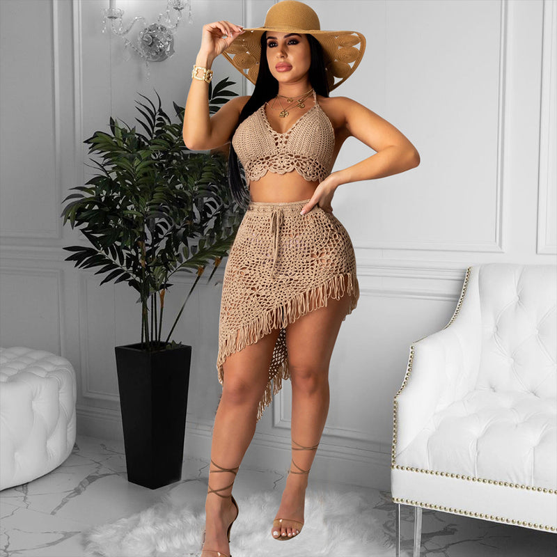 Hand Knitted Laced Bikini Tassel Mini Skirt Suit