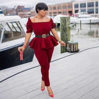 Short Sleeve Ruffled Square Neck Top Pants Suit