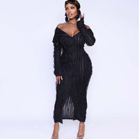 Long Sleeve One Line Lapel Wave Pattern Maxi Dress