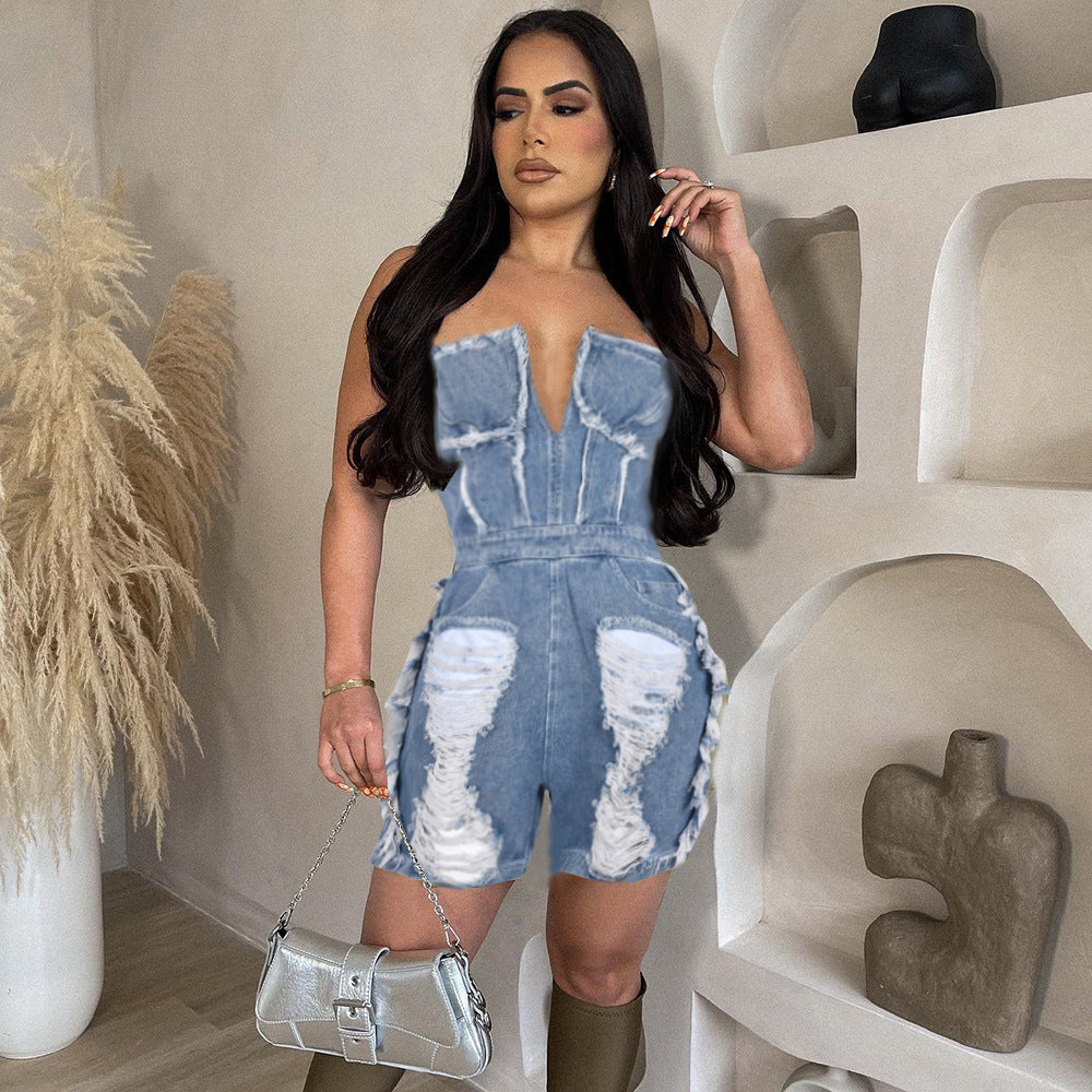 Hole Zipper Short Chest Wrapped Denim Romper