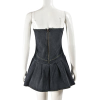 Strapless Pleated V Neck French Denim Dress