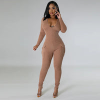 Long Sleeve Deep V Neck Side Pockets Jumpsuit