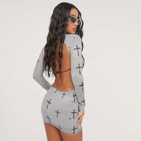 Long Sleeve Backless Honeycomb Pattern Mini Dress