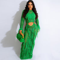 Long Sleeve Hand Knitted Tassel Maxi Beach Dress