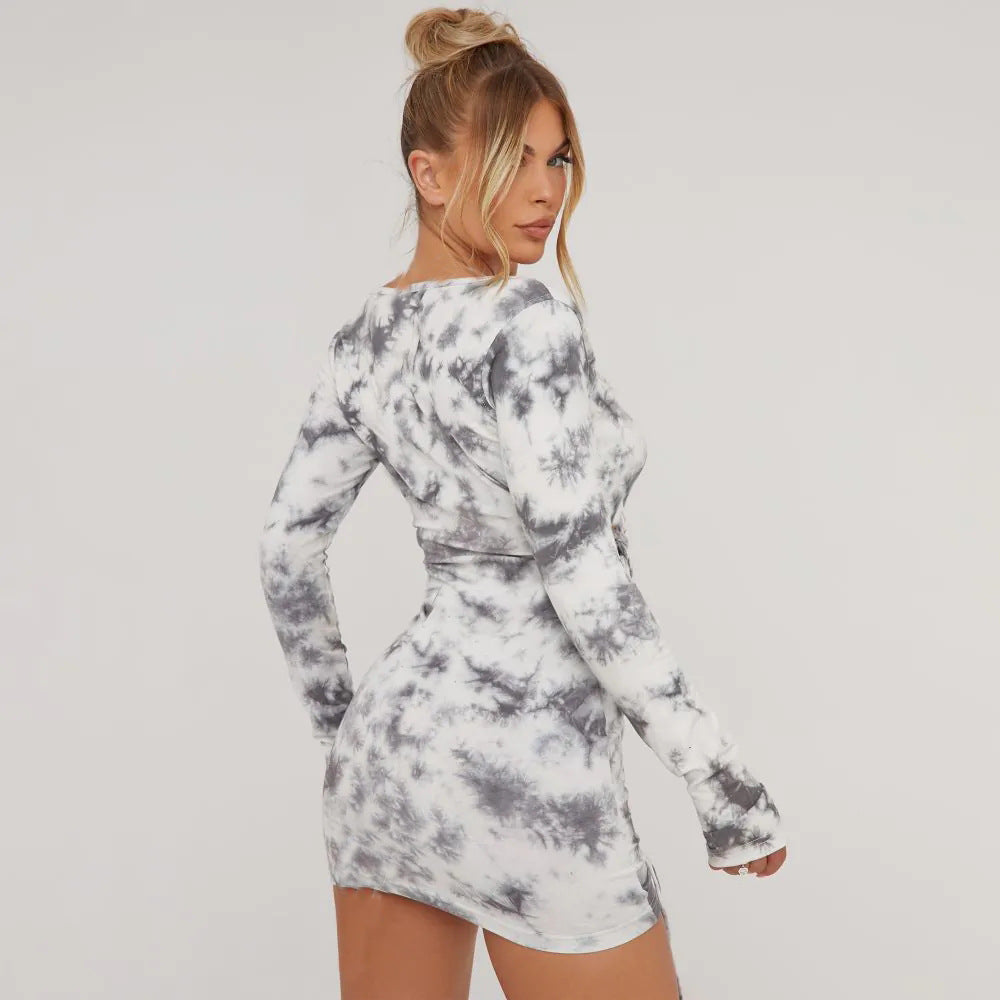 Tie Dyed Long Sleeve Deep V Neck Sexy Club Mini Dress