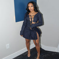 Denim Tied Sexy Top Zipper Pleated Skirt Suit