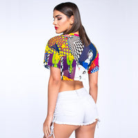 Short Sleeve Multi Printed Tied Hem Crop Top