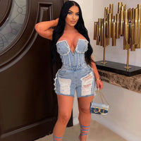 Hole Zipper Short Chest Wrapped Denim Romper