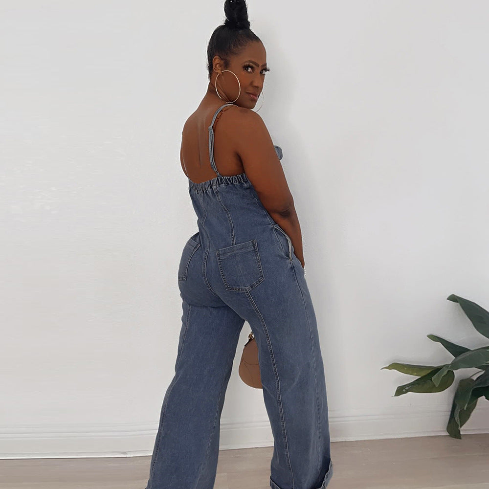 Suspenders Wrapped Buttoned Washed Jumpsuit