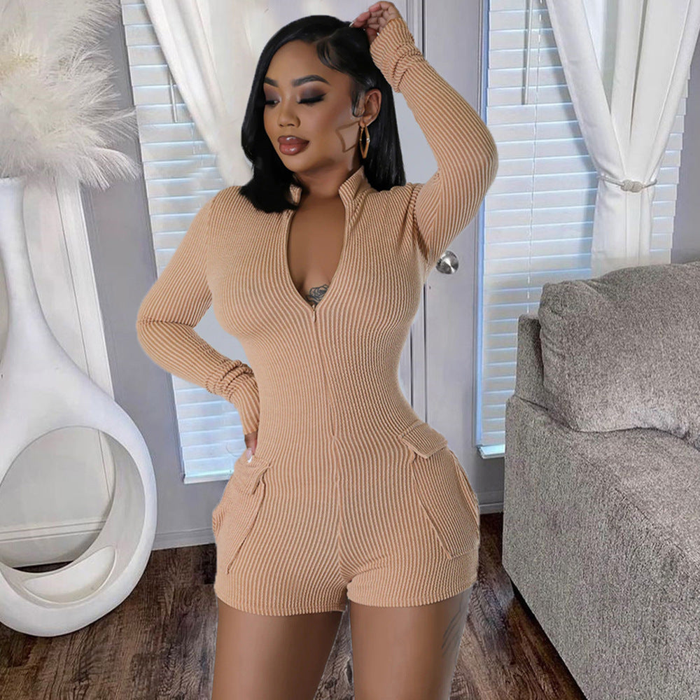 Long Sleeve Deep V Neck Zip Up Stretch Golden Romper