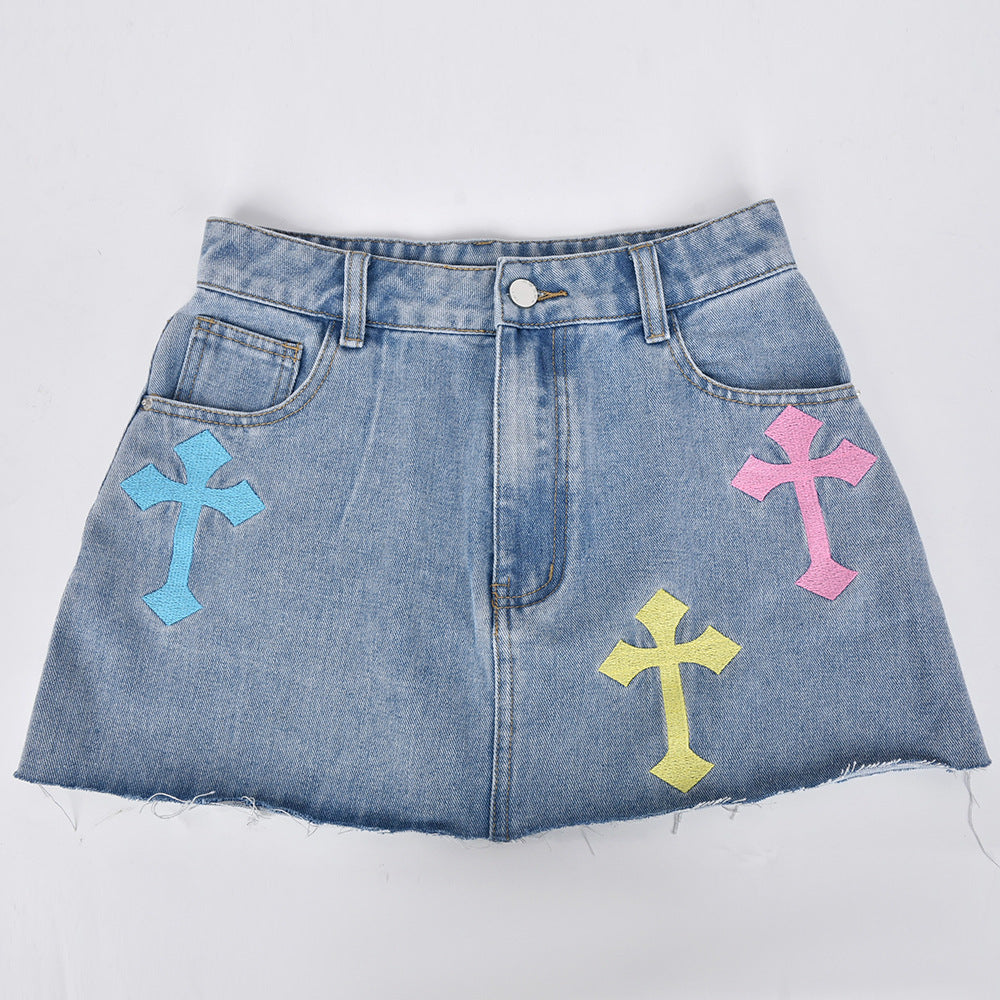 Denim Tassel Cross Stitch Casual Mini Skirt