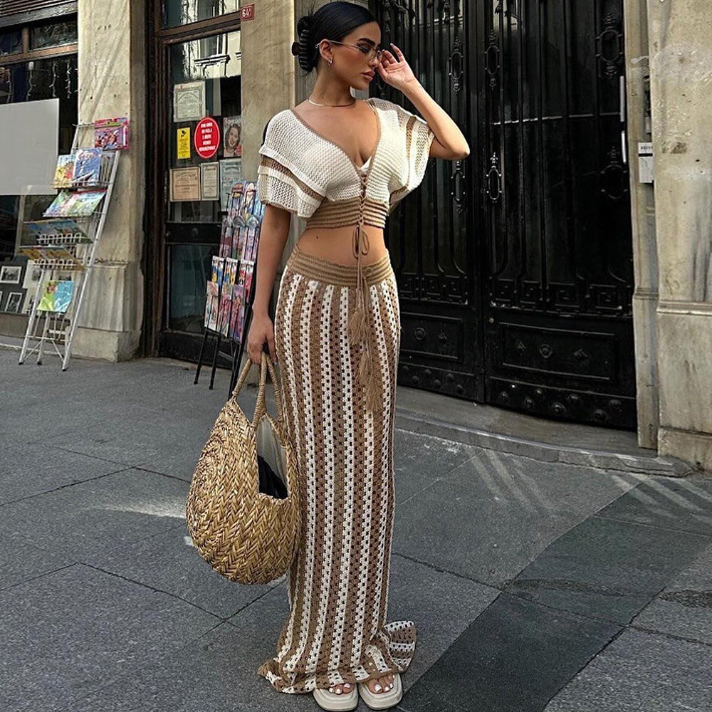 Short Sleeve Deep V Neck Stripe Knitted Maxi Skirt Suit