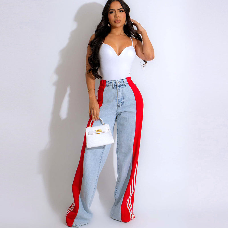 Three Stripe Stitching Wide Leg Denim Long Pants