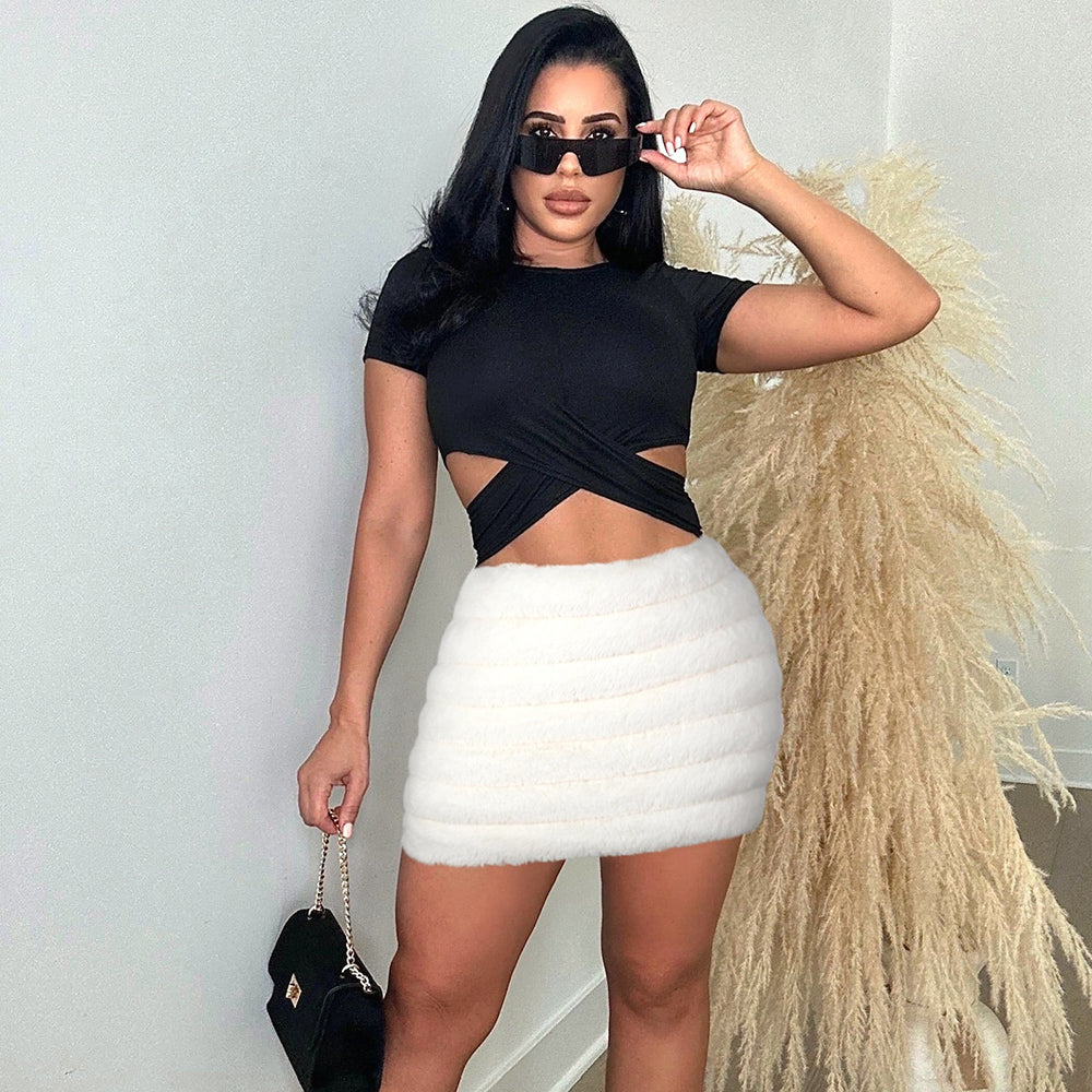 Zipper Filled Plush Fur Casual Mini Skirt