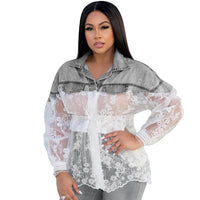 Long Sleeve Denim Stitching Mesh Floral Laced Shirt