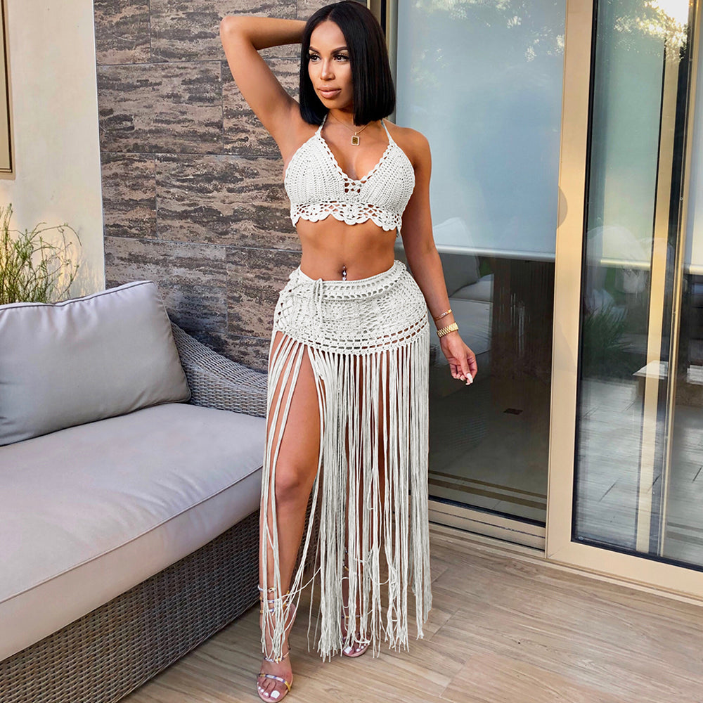 Halter Neck Beach Laced Top Long Tassel Skirt Suit