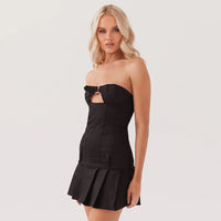 Off Shoulder Pleated Buckled Chest Wrap Mini Dress