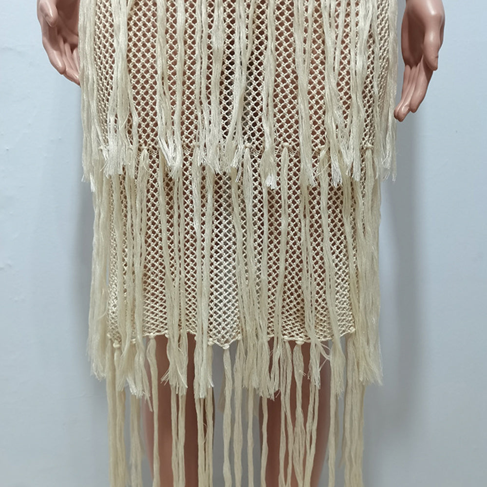 Sleeveless Tassel Mesh Beach Casual Dress