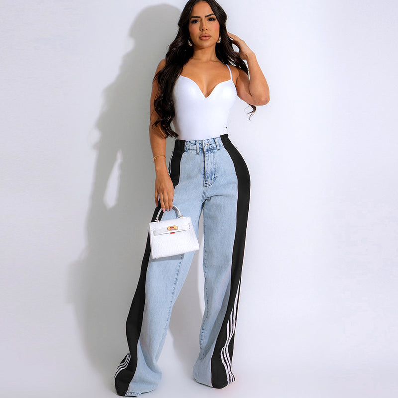 Three Stripe Stitching Wide Leg Denim Long Pants