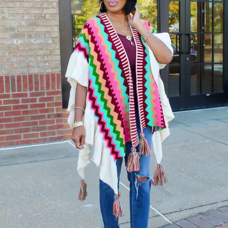 Geometric Knitted Hand Hook Tassel Cardigan