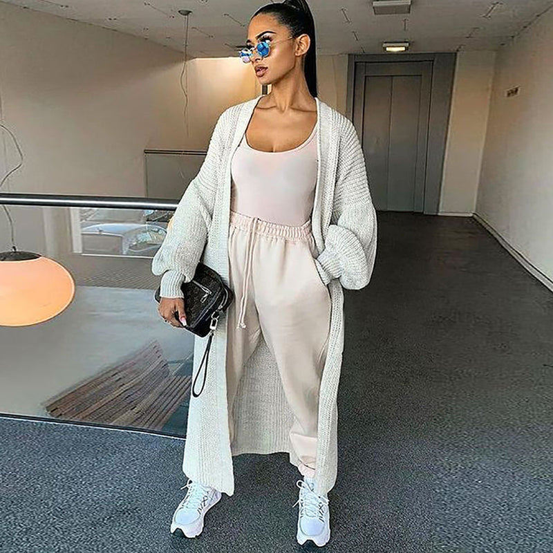 Long Sleeve Open Front Loose Fit Knitted Long Cardigan